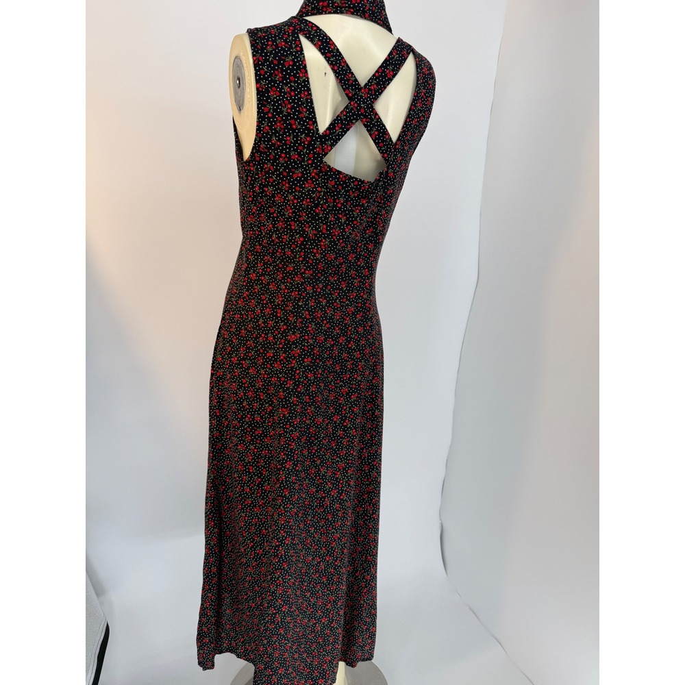 1990s Contempo Black Floral Rayon Maxi Dress Open Cross Back Grunge 8 - Picture 2 of 11
